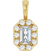 14K Yellow 5x3 mm Natural White Sapphire & 1/8 CTW Natural Diamond Halo-Style Pendant