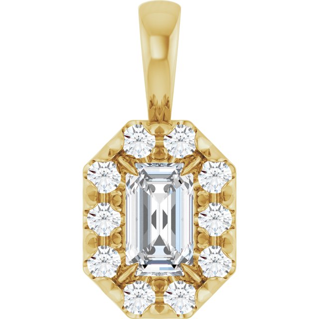 14K Yellow 5x3 mm Natural White Sapphire & 1/8 CTW Natural Diamond Halo-Style Pendant