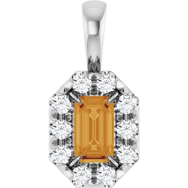 Sterling Silver 5x3 mm Natural Citrine & 1/8 CTW Natural Diamond Halo-Style Pendant