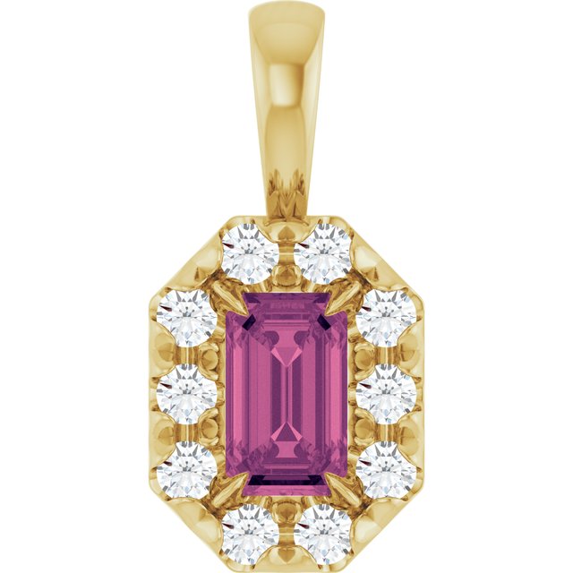 14K Yellow 5x3 mm Natural Pink Tourmaline & 1/8 CTW Natural Diamond Halo-Style Pendant