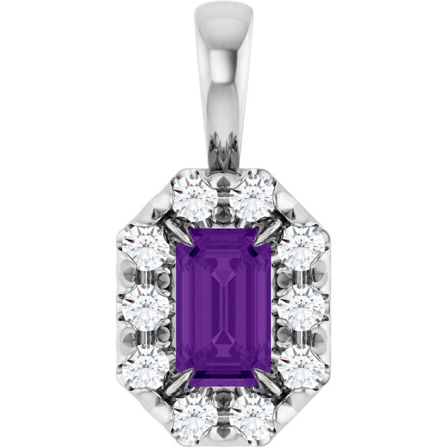 Sterling Silver 5x3 mm Natural Amethyst & 1/8 CTW Natural Diamond Halo-Style Pendant