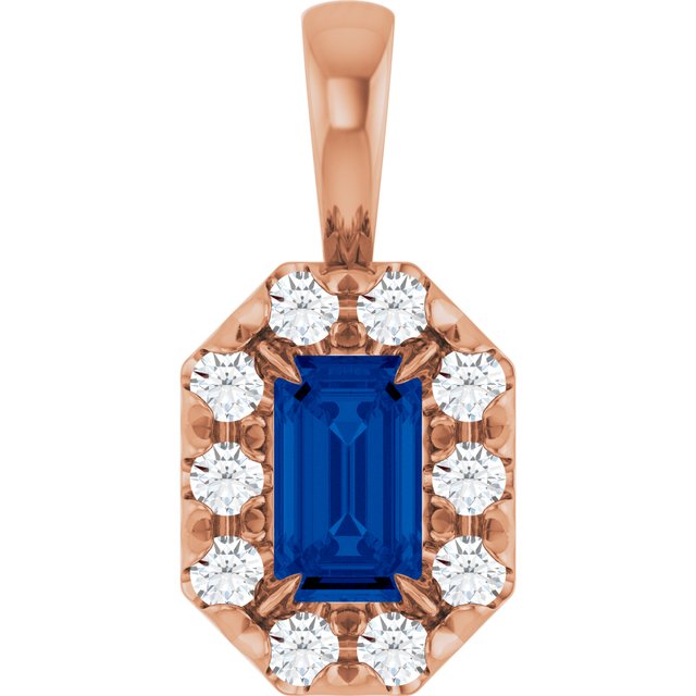 14K Rose 5x3 mm Natural Blue Sapphire & 1/8 CTW Natural Diamond Halo-Style Pendant