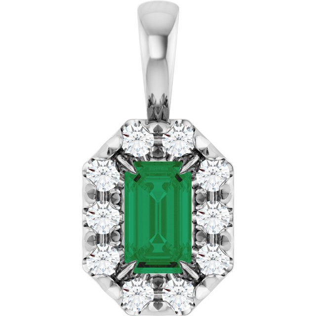 14K Lab-Grown Emerald & Alexandrite 5x3 mm with 1/8 CTW Natural Diamond Halo Pendant