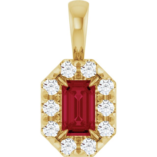 14K Yellow 5x3 mm Lab-Grown Ruby & 1/8 CTW Natural Diamond Halo-Style Pendant