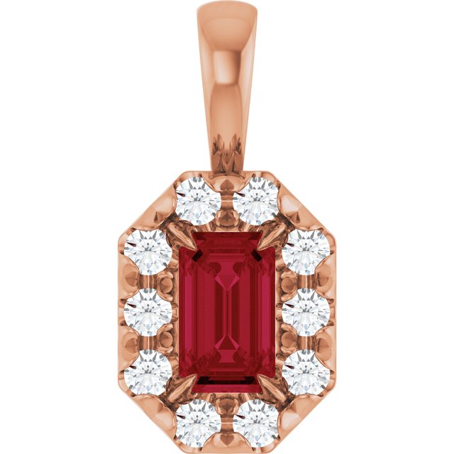 14K Rose 5x3 mm Natural Ruby & 1/8 CTW Natural Diamond Halo-Style Pendant