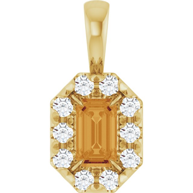14K Yellow 5x3 mm Natural Citrine & 1/8 CTW Natural Diamond Halo-Style Pendant
