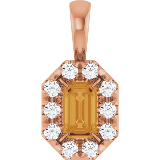 14K Rose 5x3 mm Natural Citrine & 1/8 CTW Natural Diamond Halo-Style Pendant
