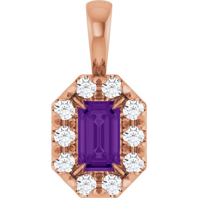 14K Rose 5x3 mm Natural Amethyst & 1/8 CTW Natural Diamond Halo-Style Pendant