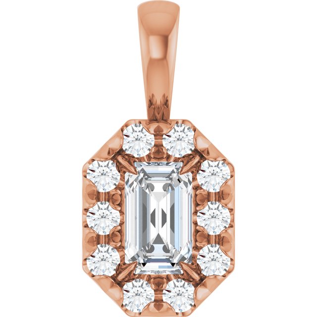 14K Rose 5x3 mm Natural White Sapphire & 1/8 CTW Natural Diamond Halo-Style Pendant