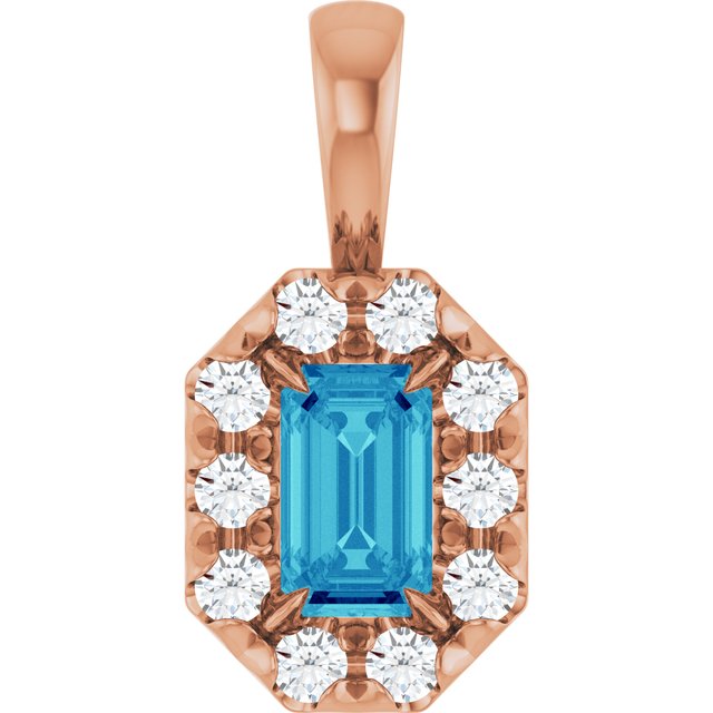 14K Rose 5x3 mm Natural Blue Zircon & 1/8 CTW Natural Diamond Halo-Style Pendant