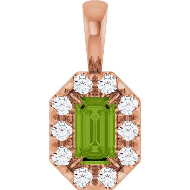 14K Rose 5x3 mm Natural Peridot & 1/8 CTW Natural Diamond Halo-Style Pendant