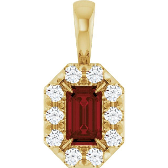 14K Yellow 5x3 mm Natural Mozambique Garnet & 1/8 CTW Natural Diamond Halo-Style Pendant
