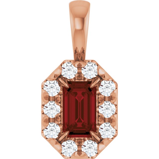14K Rose 5x3 mm Natural Mozambique Garnet & 1/8 CTW Natural Diamond Halo-Style Pendant