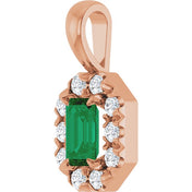 14K Rose 5x3 mm Natural Emerald & 1/8 CTW Natural Diamond Halo-Style Pendant
