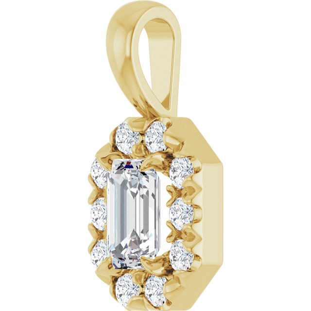 14K Yellow 5x3 mm Natural White Sapphire & 1/8 CTW Natural Diamond Halo-Style Pendant