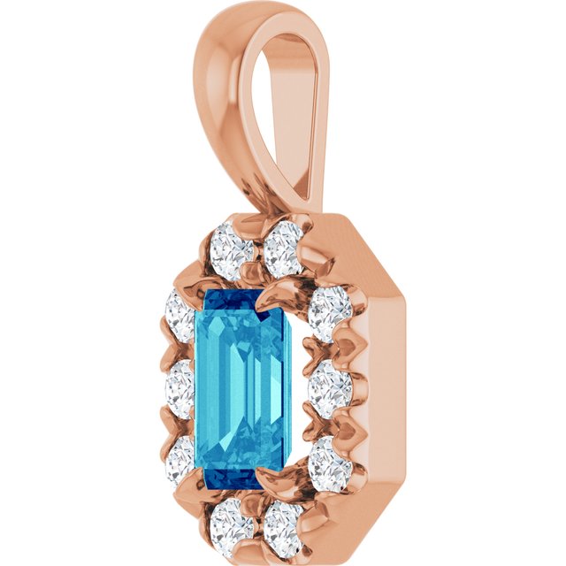 14K Rose 5x3 mm Natural Blue Zircon & 1/8 CTW Natural Diamond Halo-Style Pendant