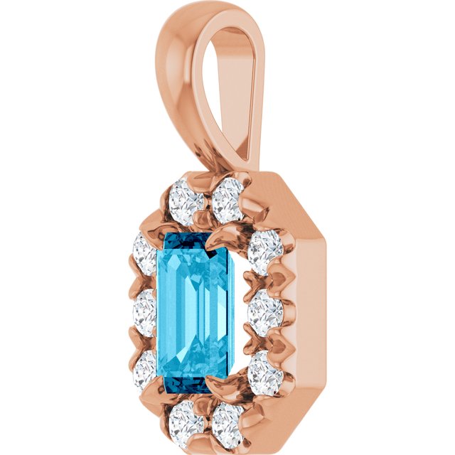 14K Rose 5x3 mm Natural Aquamarine & 1/8 CTW Natural Diamond Halo-Style Pendant