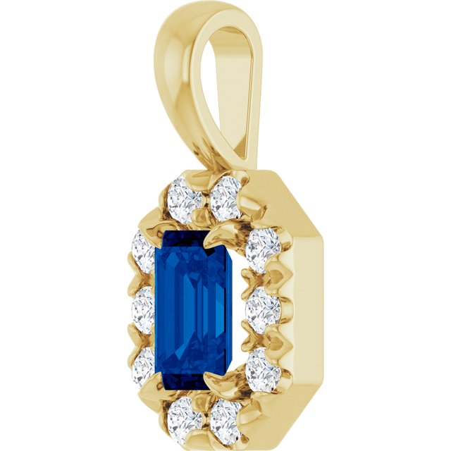 14K Yellow 5x3 mm Natural Blue Sapphire & 1/8 CTW Natural Diamond Halo-Style Pendant