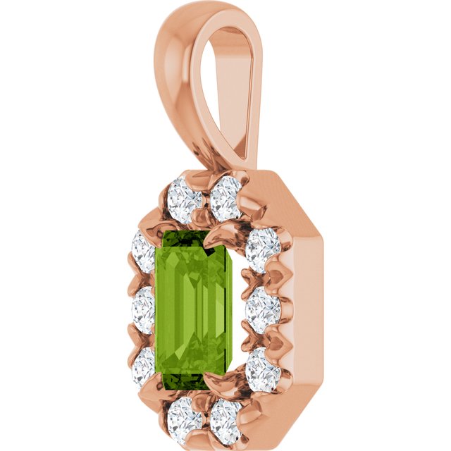 14K Rose 5x3 mm Natural Peridot & 1/8 CTW Natural Diamond Halo-Style Pendant