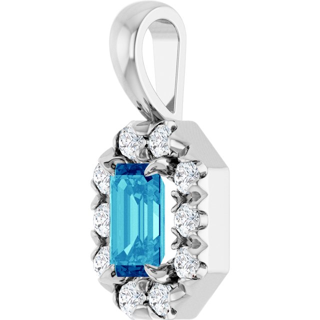 14K White 5x3 mm Natural Blue Zircon & 1/8 CTW Natural Diamond Halo-Style Pendant