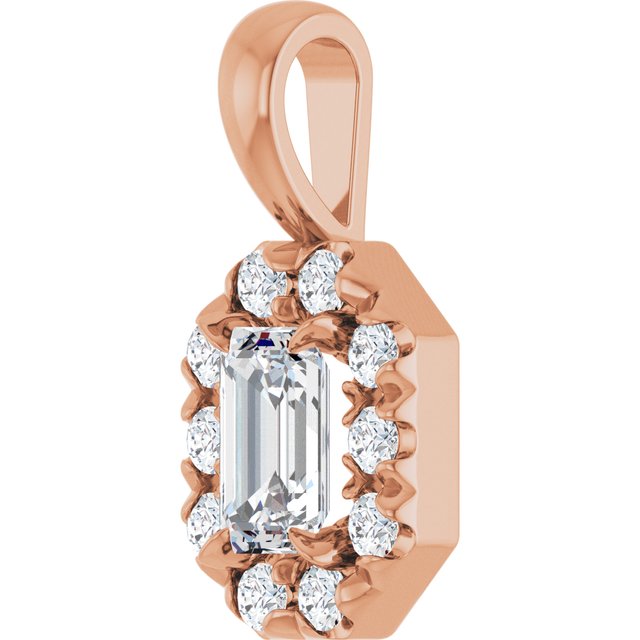 14K Rose 5x3 mm Natural White Sapphire & 1/8 CTW Natural Diamond Halo-Style Pendant