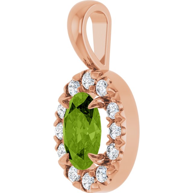 14K Rose 6x4 mm Natural Peridot & 1/10 CTW Natural Diamond Halo-Style Pendant