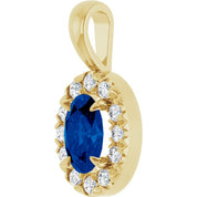 14K Yellow 6x4 mm Lab-Grown Blue Sapphire & 1/10 CTW Natural Diamond Halo-Style Pendant