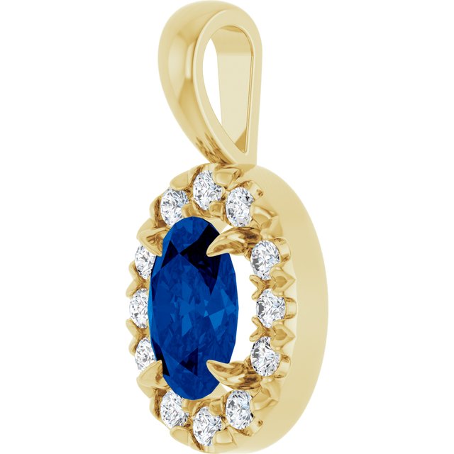 14K Yellow 6x4 mm Natural Blue Sapphire & 1/10 CTW Natural Diamond Halo-Style Pendant