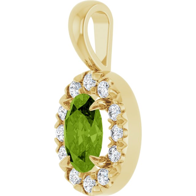 14K Yellow 6x4 mm Natural Peridot & 1/10 CTW Natural Diamond Halo-Style Pendant