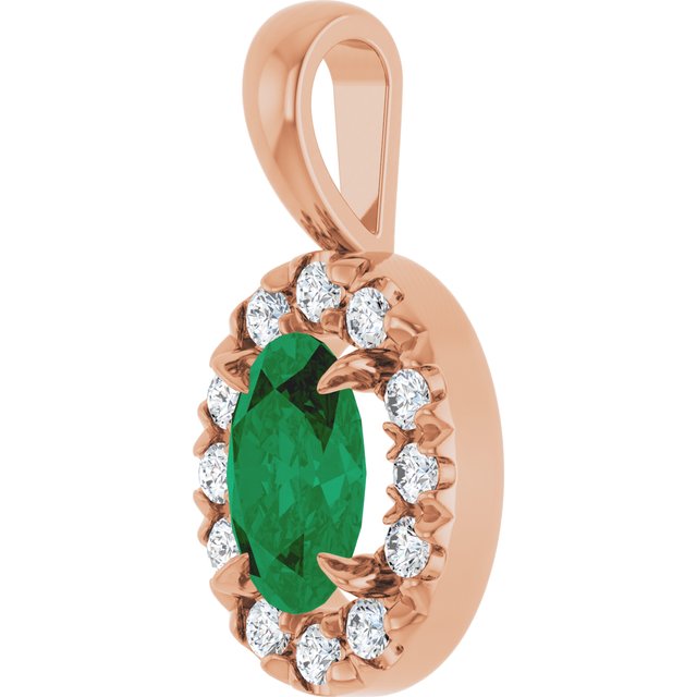 14K Rose 6x4 mm Natural Emerald & 1/10 CTW Natural Diamond Halo-Style Pendant