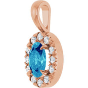 14K Rose 6x4 mm Natural Blue Zircon & 1/10 CTW Natural Diamond Halo-Style Pendant