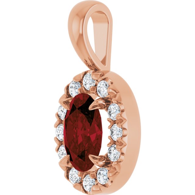 14K Rose 6x4 mm Natural Mozambique Garnet & 1/10 CTW Natural Diamond Halo-Style Pendant