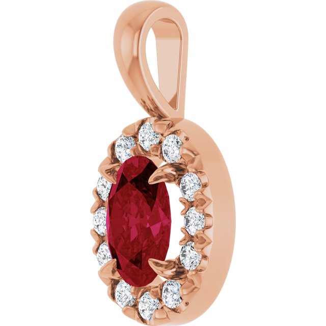 14K Rose 6x4 mm Natural Ruby & 1/10 CTW Natural Diamond Halo-Style Pendant