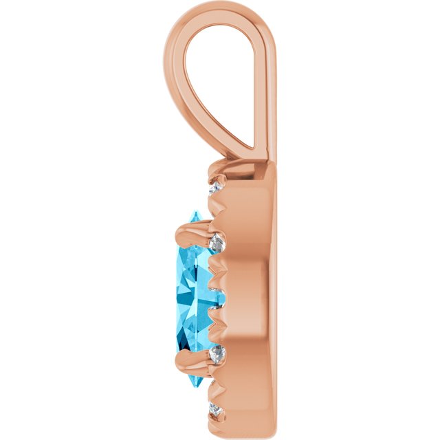 14K Rose 6x4 mm Natural Aquamarine & 1/10 CTW Natural Diamond Halo-Style Pendant