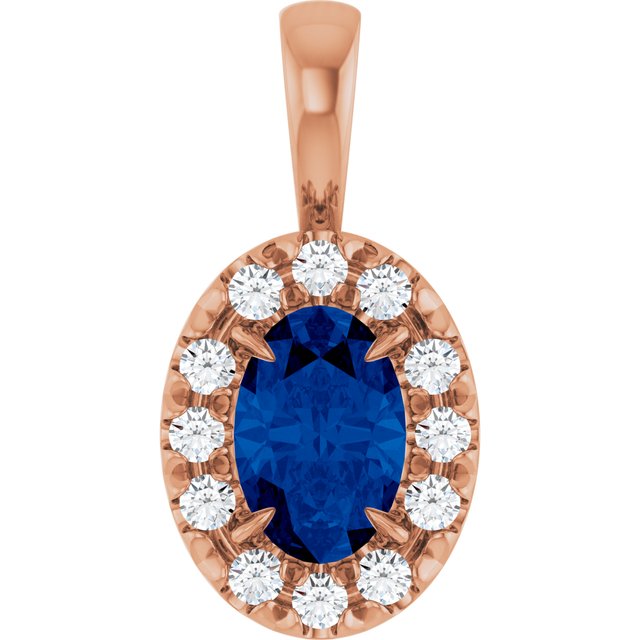 14K Rose 6x4 mm Lab-Grown Blue Sapphire & 1/10 CTW Natural Diamond Halo-Style Pendant