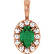 14K Rose 6x4 mm Natural Emerald & 1/10 CTW Natural Diamond Halo-Style Pendant