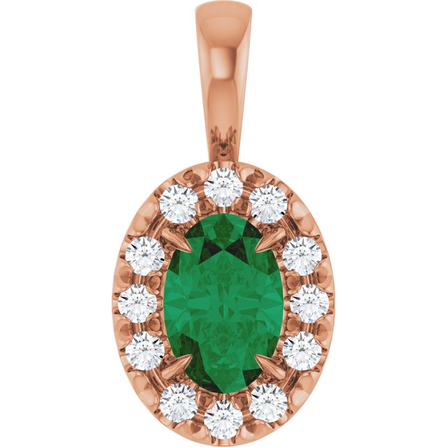 14K Rose 6x4 mm Natural Emerald & 1/10 CTW Natural Diamond Halo-Style Pendant