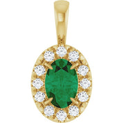 14K Yellow 6x4 mm Lab-Grown Emerald & 1/10 CTW Natural Diamond Halo-Style Pendant