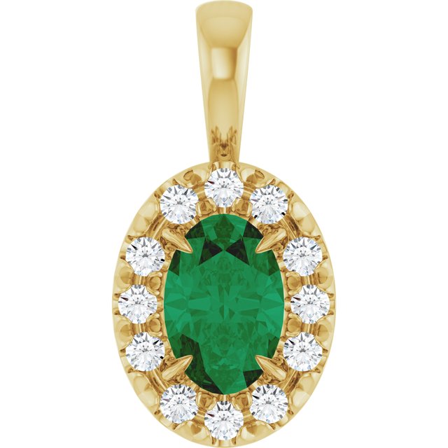 14K Yellow 6x4 mm Lab-Grown Emerald & 1/10 CTW Natural Diamond Halo-Style Pendant