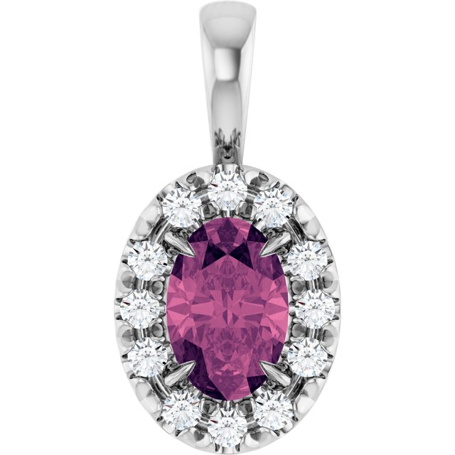 14K White 6x4 mm Natural Pink Tourmaline & 1/10 CTW Natural Diamond Halo-Style Pendant