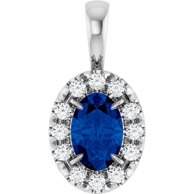 Sterling Silver 6x4 mm Lab-Grown Blue Sapphire & 1/10 CTW Natural Diamond Halo-Style Pendant