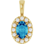 14K Yellow 6x4 mm Natural Blue Zircon & 1/10 CTW Natural Diamond Halo-Style Pendant