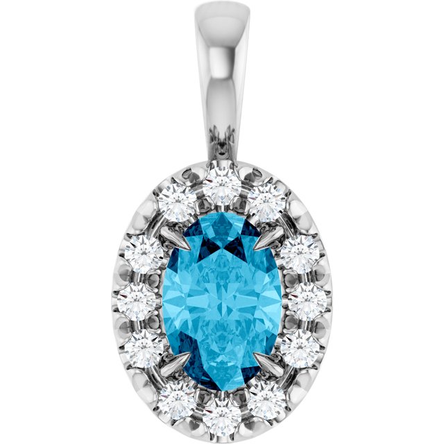 14K White 6x4 mm Natural Aquamarine & 1/10 CTW Natural Diamond Halo-Style Pendant