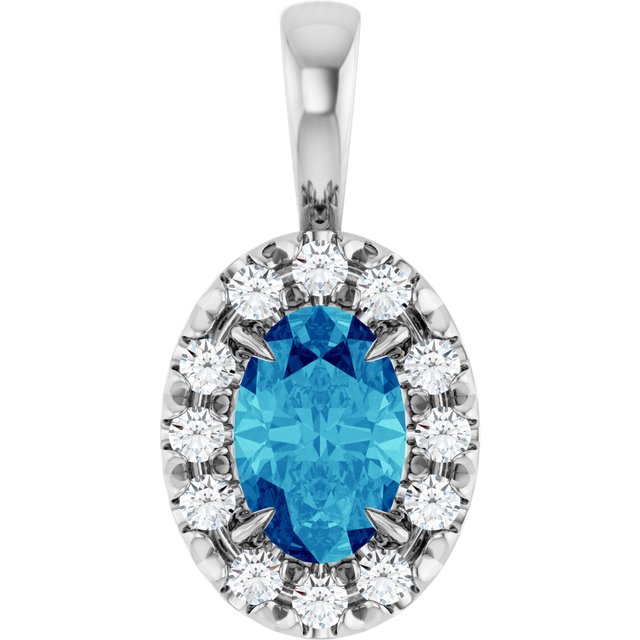 14K White 6x4 mm Natural Blue Zircon & 1/10 CTW Natural Diamond Halo-Style Pendant