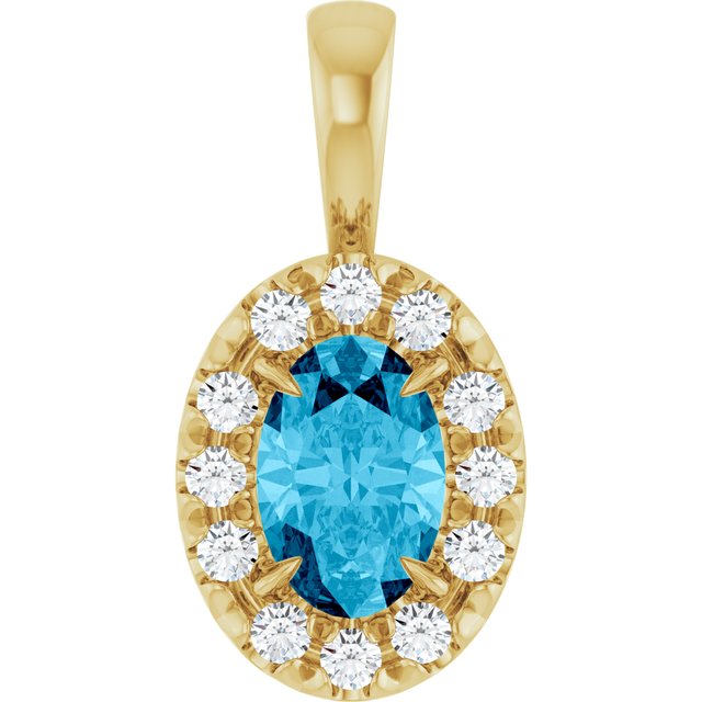 14K Yellow 6x4 mm Natural Aquamarine & 1/10 CTW Natural Diamond Halo-Style Pendant