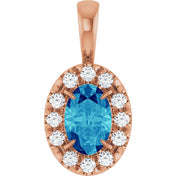 14K Rose 6x4 mm Natural Blue Zircon & 1/10 CTW Natural Diamond Halo-Style Pendant