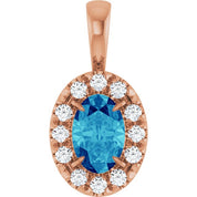 14K Rose 6x4 mm Natural Blue Zircon & 1/10 CTW Natural Diamond Halo-Style Pendant
