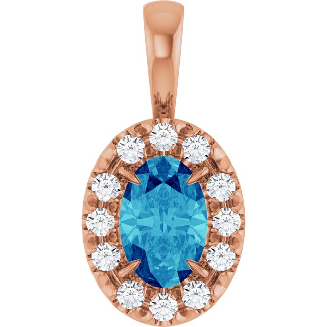 14K Rose 6x4 mm Natural Blue Zircon & 1/10 CTW Natural Diamond Halo-Style Pendant