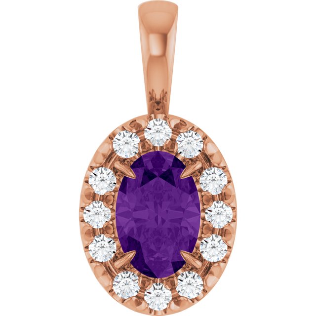 14K Rose 6x4 mm Natural Amethyst & 1/10 CTW Natural Diamond Halo-Style Pendant