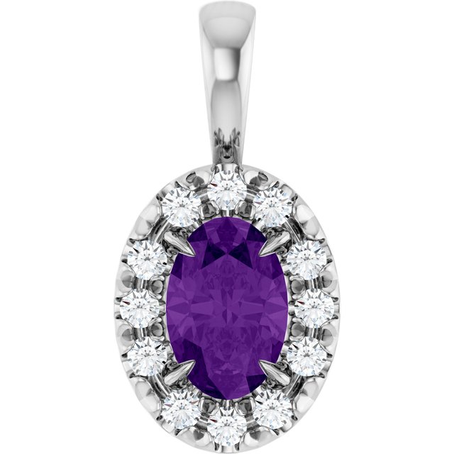 Sterling Silver 6x4 mm Natural Amethyst & 1/10 CTW Natural Diamond Halo-Style Pendant